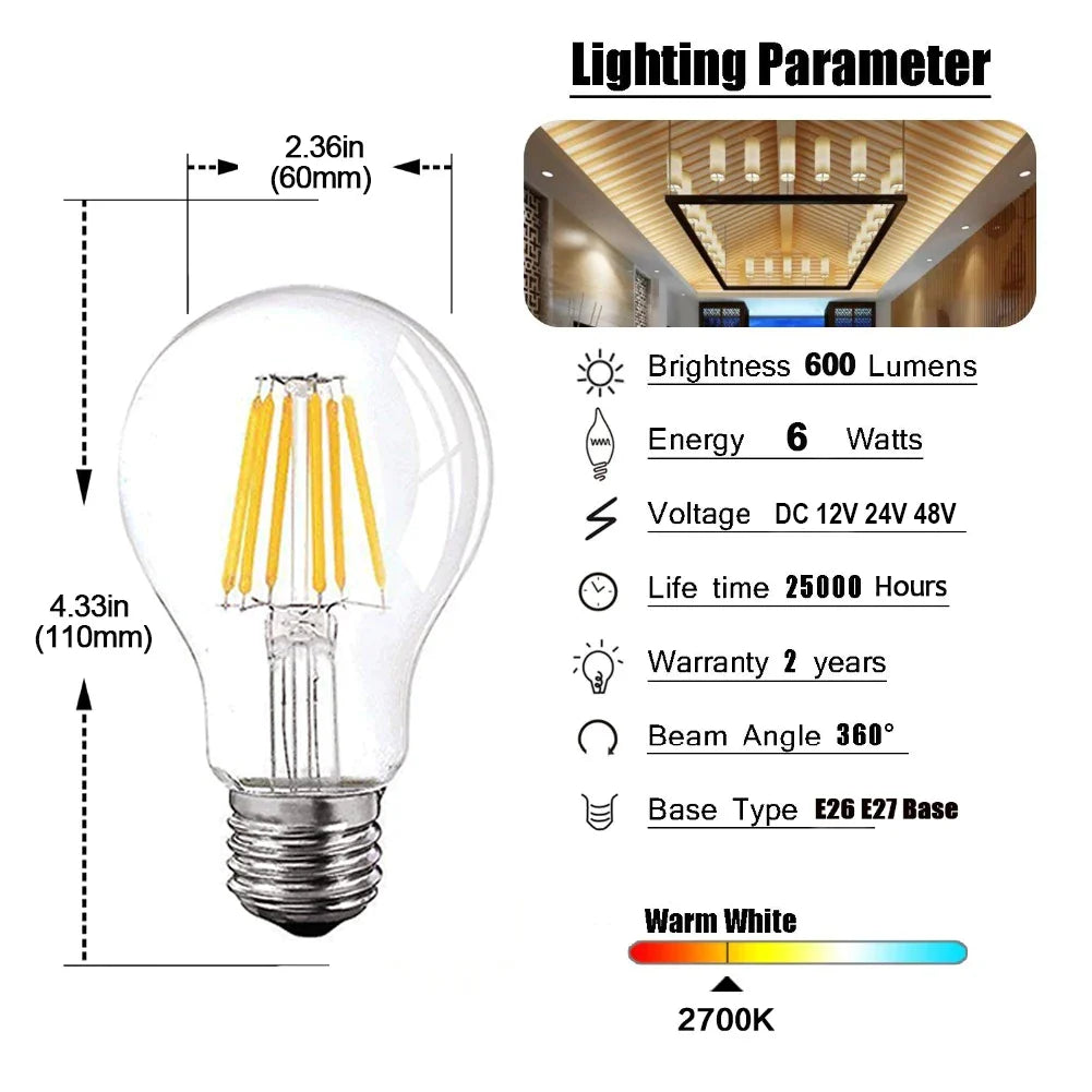 Bombilla de filamento LED Decorbites™ A19 6W 4500K luz natural blanca cálida E26 E27