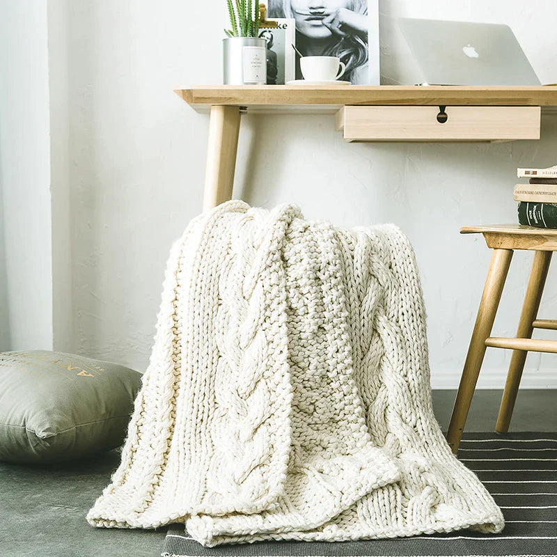 Khaki Wool Chunky Knit Blanket