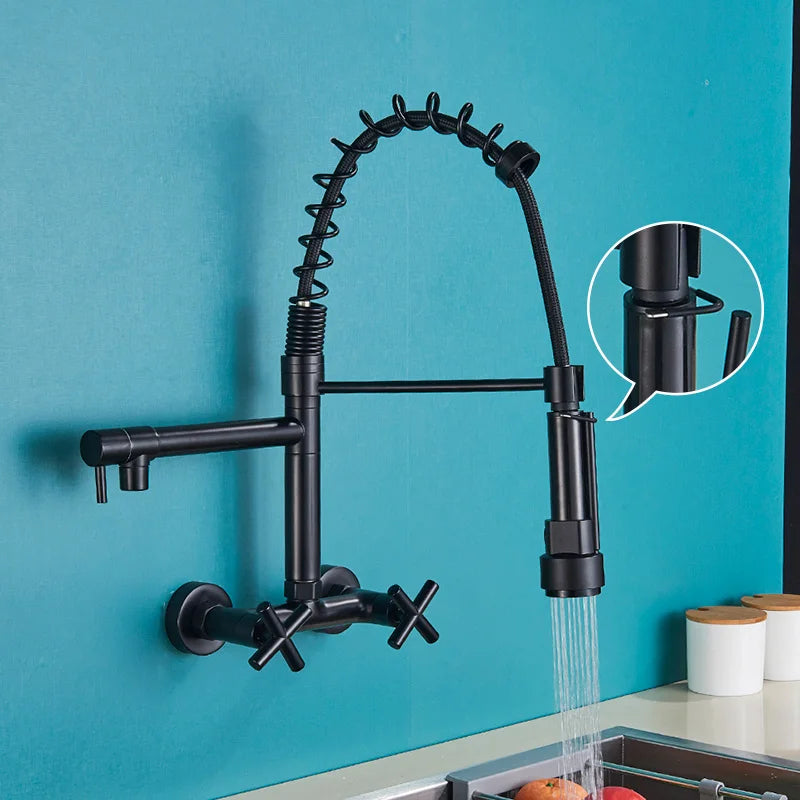صنبور مطبخ أسود من DecorBites™ مثبت على الحائط مزود بفوهتين دوارتين وخلاط حوض غسيل