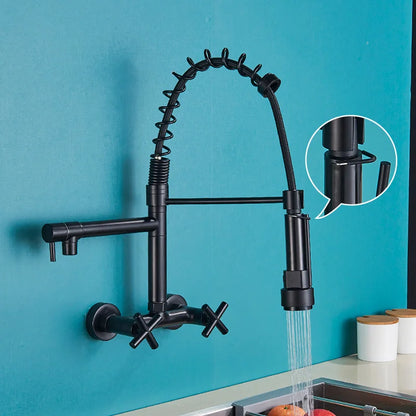 صنبور مطبخ أسود من DecorBites™ مثبت على الحائط مزود بفوهتين دوارتين وخلاط حوض غسيل