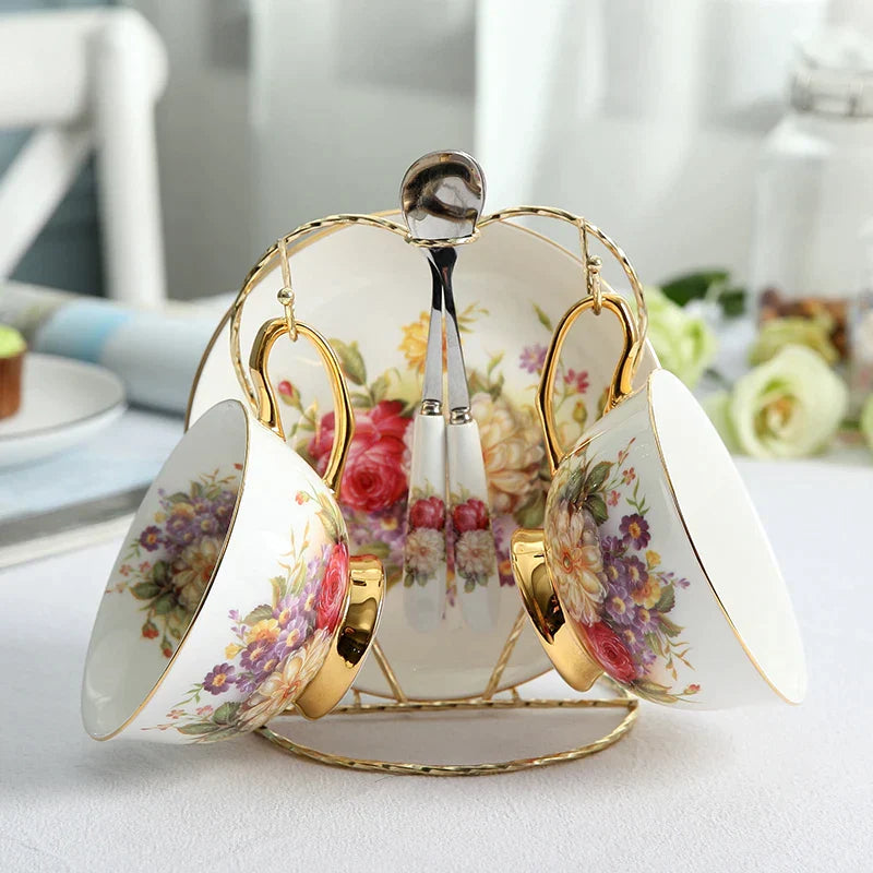 DecorBites™ Elegant Floral Bone China Tea Cup Set 200ml - Premium Porcelain Teacup Saucer Spoon