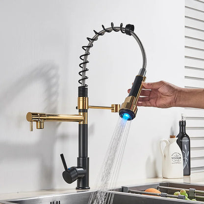 DecorBites™ LED Kitchen Faucet Pull Down Mixer Tap Hot Cold Water Vessel Sink Brass