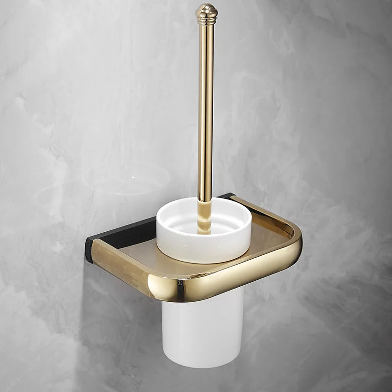Conjunto de accesorios para baño Decorbites™ en oro y negro: estante, soporte para toallas, dispensador de papel, soporte para cepillo