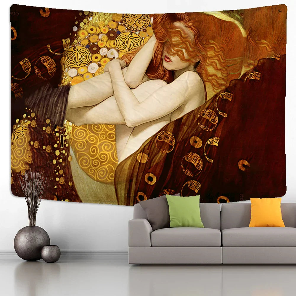 Decorbites™ Tapiz de Pintura al Óleo de Beso Dorado Colgante de Pared Arte Manta en Blanco