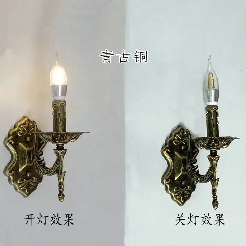 antique brass retro european wall light with ornate vintage-inspired design and candle-style bulb for bedroom use