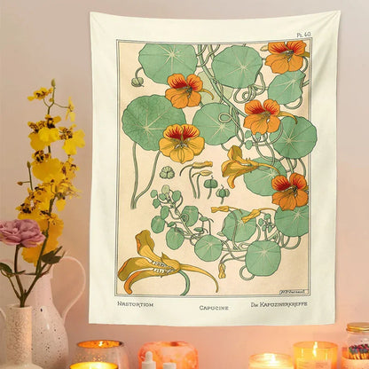 Decobites Wildflower Wall Hanging: Vintage Botanical Tapestry - Nasturtium Thistle Retro Design