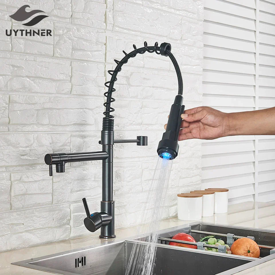 DecorBites™ LED Kitchen Faucet Pull Down Mixer Tap Hot Cold Water Vessel Sink Brass