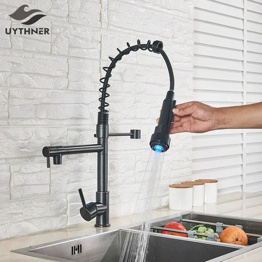 DecorBites™ LED Kitchen Faucet Pull Down Mixer Tap Hot Cold Water Vessel Sink Brass