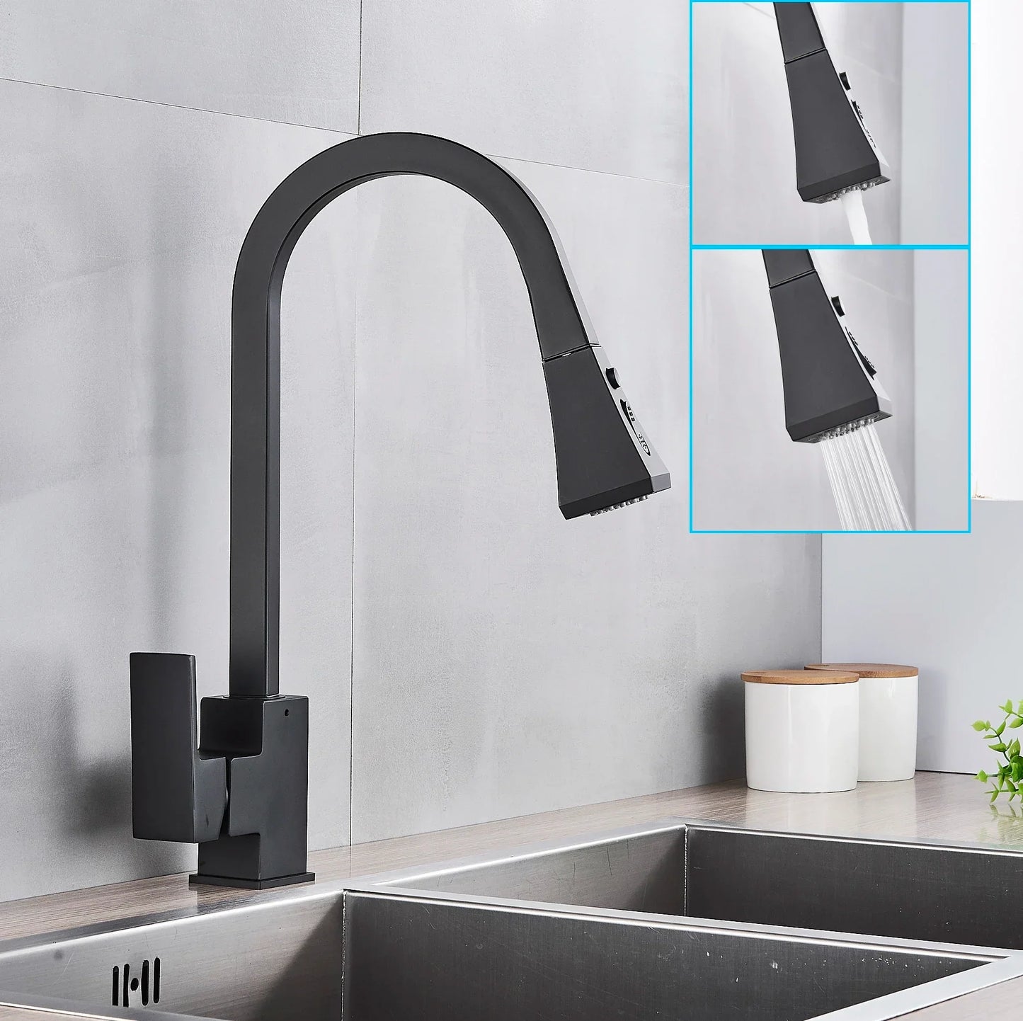 DecorBites™ Black Kitchen Faucet Pull Out Mixer Square Single Handle Deck Mounted Tap