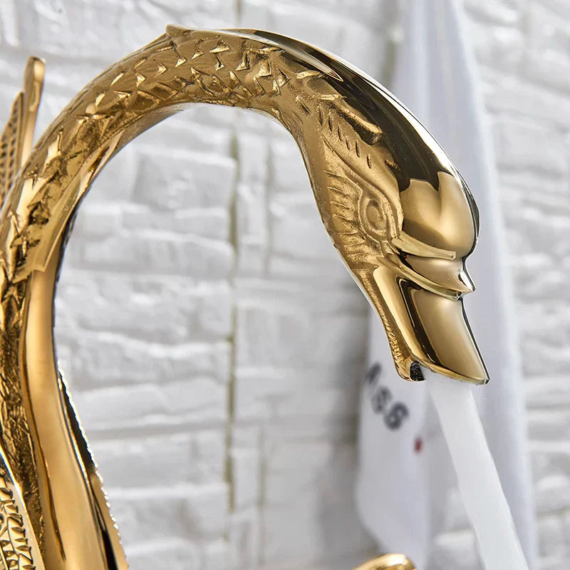 DecorBites™ Golden Swan Basin Faucet Double Handle Hot Cold Mixer Tap for Bathroom