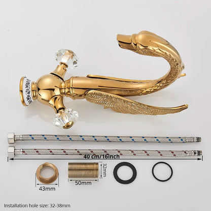 DecorBites™ Gold Swan Basin Faucet: Deck Mounted Bathroom Mixer Tap with Hot and Cold Water