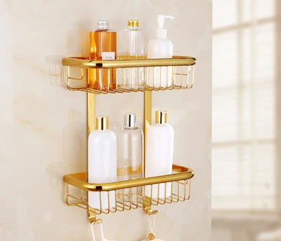 DecorBites™ Gold & Black Corner Shelf: Brass Bathroom Shelves for Stylish Storage