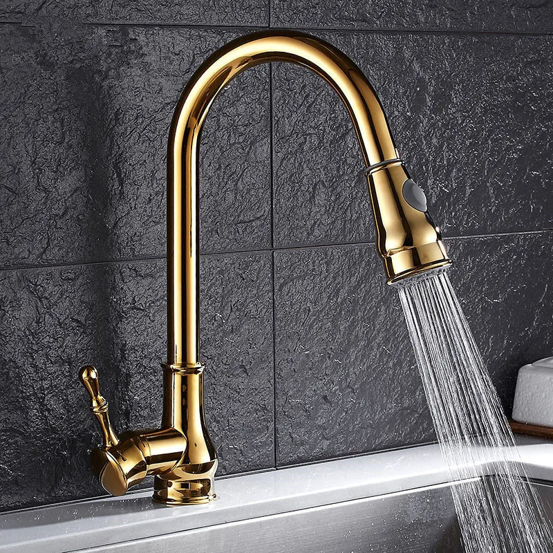 DecorBites™ Gold Kitchen Faucet Pull Out Swivel Water Mixer Tap Single Handle Sink