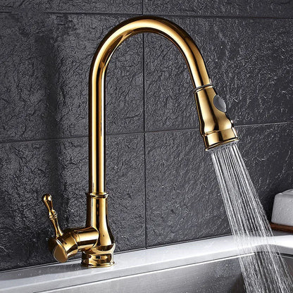 DecorBites™ Gold Kitchen Faucet Pull Out Swivel Water Mixer Tap Single Handle Sink