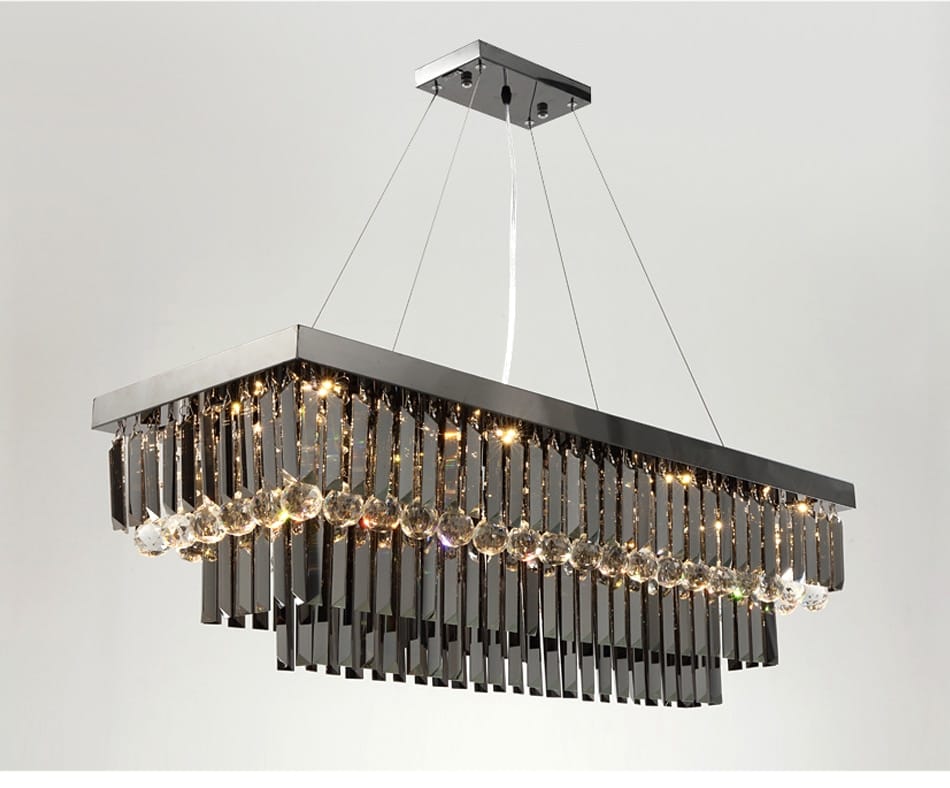modern black rectangle crystal chandelier with chrome finish and cascading dark and clear spherical crystals for dining room hanging light