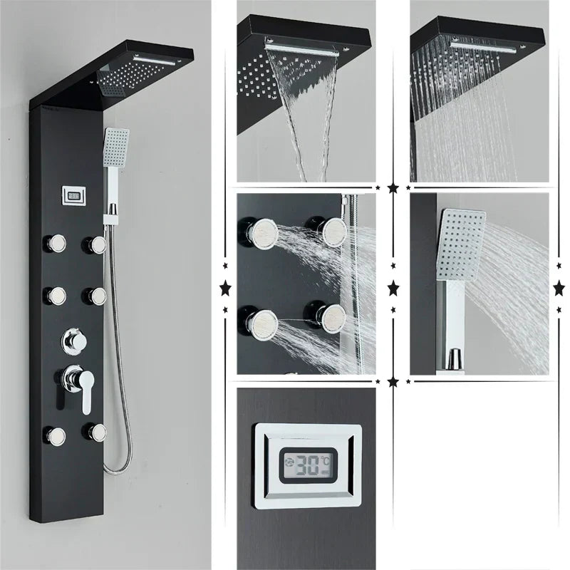 مجموعة دش DecorBites™ Black Rainfall مع نظام تدليك وشاشة درجة الحرارة
