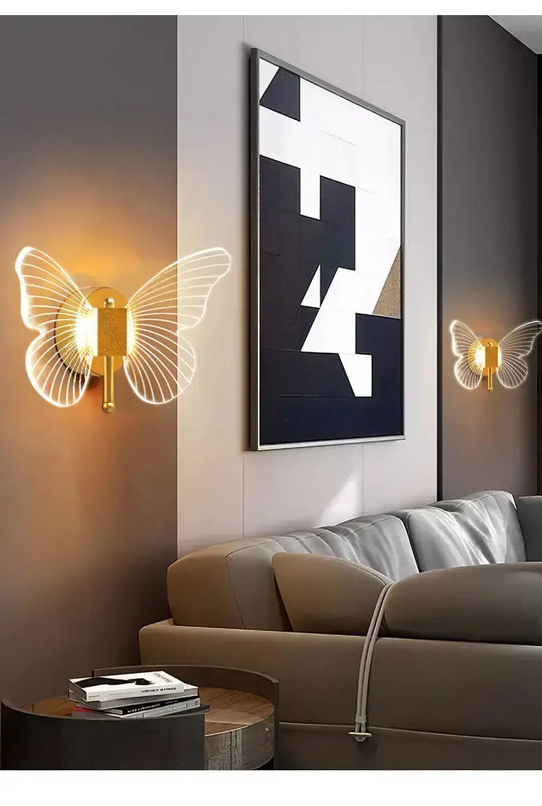Modern nordic gold led butterfly wall lamp featuring a gold-toned copper led butterfly design with translucent illuminated wings ideal for bedroom use.