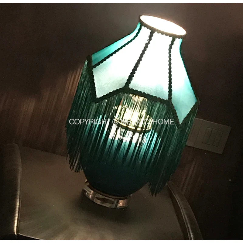 DecorBites™ Art Deco Malachite Green Silk Lampshade with Tassels