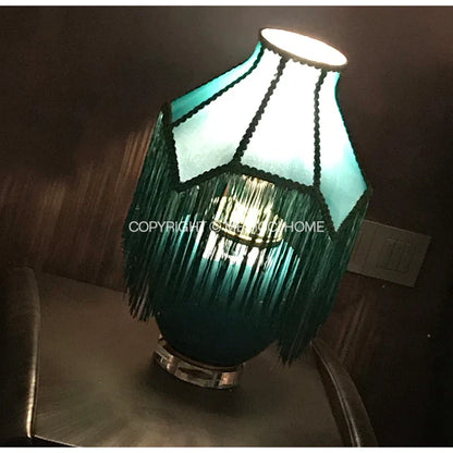 DecorBites™ Art Deco Malachite Green Silk Lampshade with Tassels