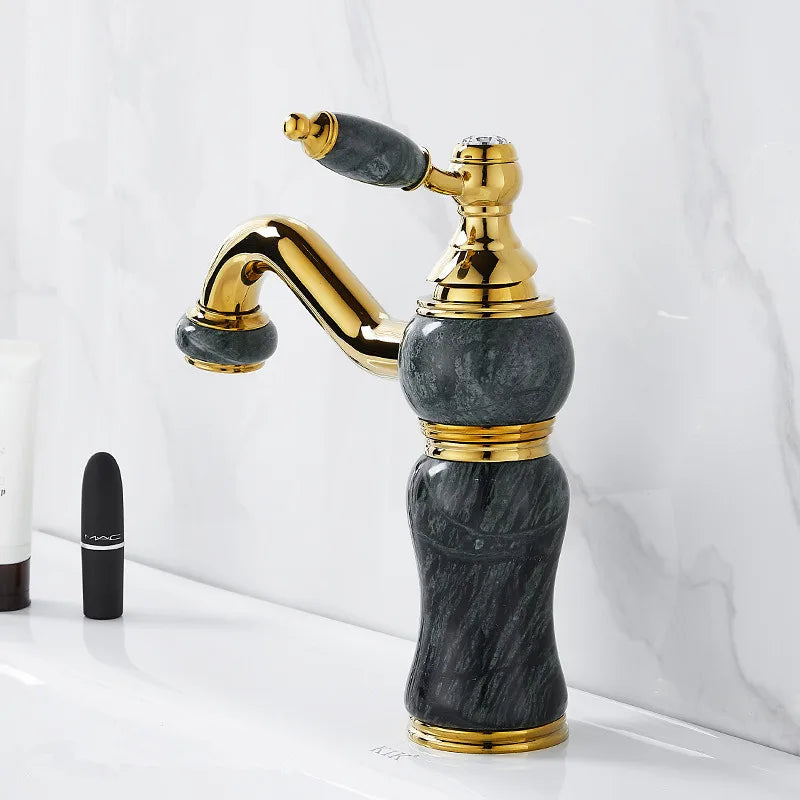 DecorBites™ Gold Brass and Marble Bathroom Basin Faucet Cold Hot Water Mixer Sink Tap