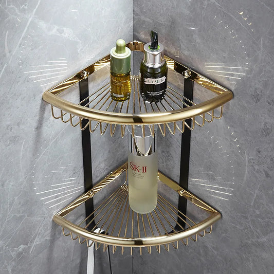 DecorBites™ Gold & Black Corner Shelf: Brass Bathroom Shelves for Stylish Storage