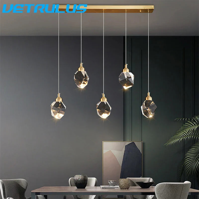 DecorBites™ Diamond Crystal LED Chandelier, Brass Ceiling Pendant Light for Dining Room