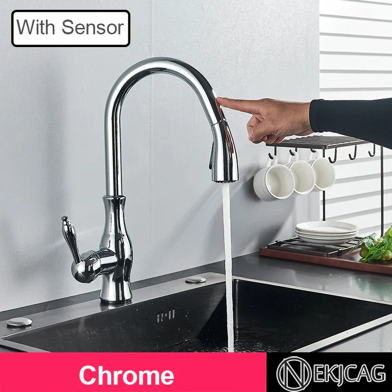 DecorBites™ Gold Sensor Kitchen Faucet Pull Out Touch Control Mixer Tap Sink Crane