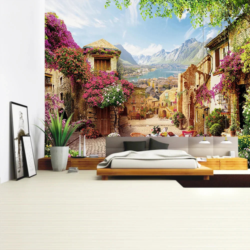 Tapiz DecorBites™ con paisaje de plantas verdes | Tapiz bohemio para pared en City Castle Hill