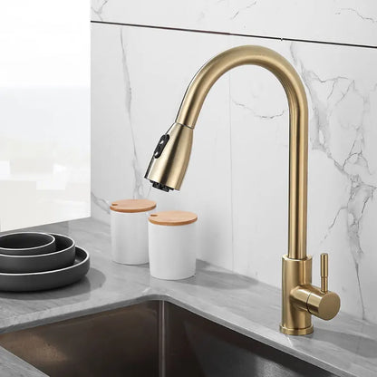 Grifo de cocina DecorBites™ dorado cepillado, monomando extraíble y giratorio