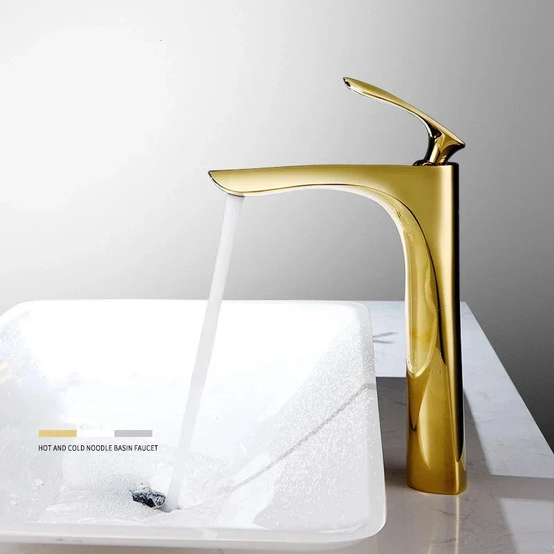 Decorbites™ Grifo de Lavabo Dorado con Asa Única Mezclador de Agua Caliente y Fría Montaje en Cubierta