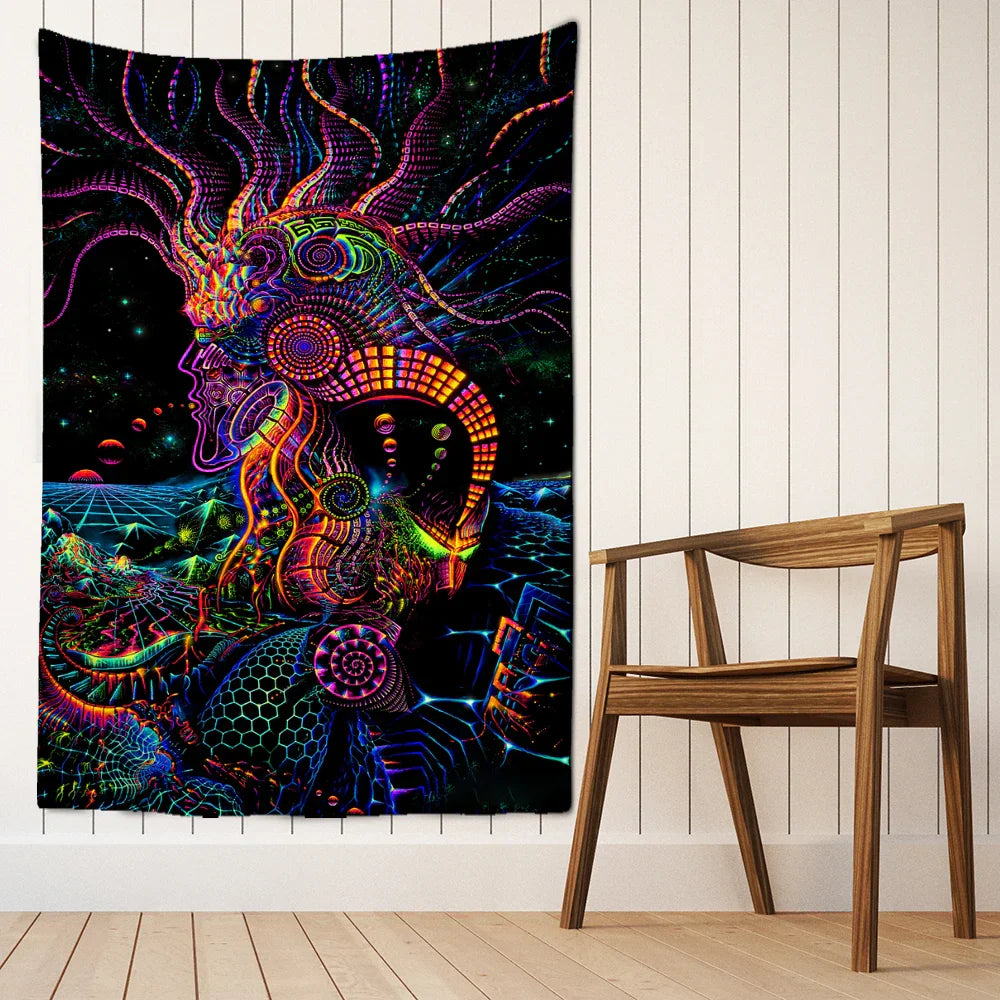 Psychedelic Fluorescent Portrait Tapestry by Decobites for Bohemian Home Decor