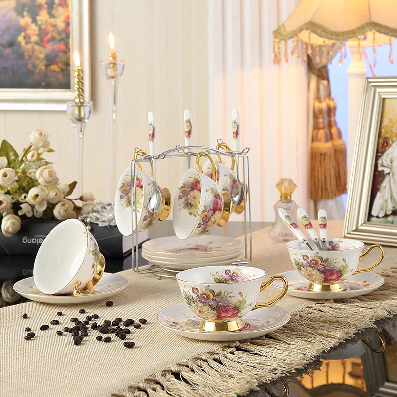 DecorBites™ Elegant Floral Bone China Tea Cup Set 200ml - Premium Porcelain Teacup Saucer Spoon