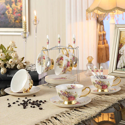 DecorBites™ Elegant Floral Bone China Tea Cup Set 200ml - Premium Porcelain Teacup Saucer Spoon