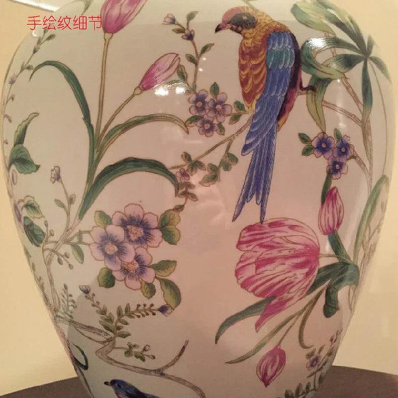 DecorBites™ Coral Flower Bird Ceramic Table Lamp Hand-Painted Crack Glaze Living Room Table Lamp