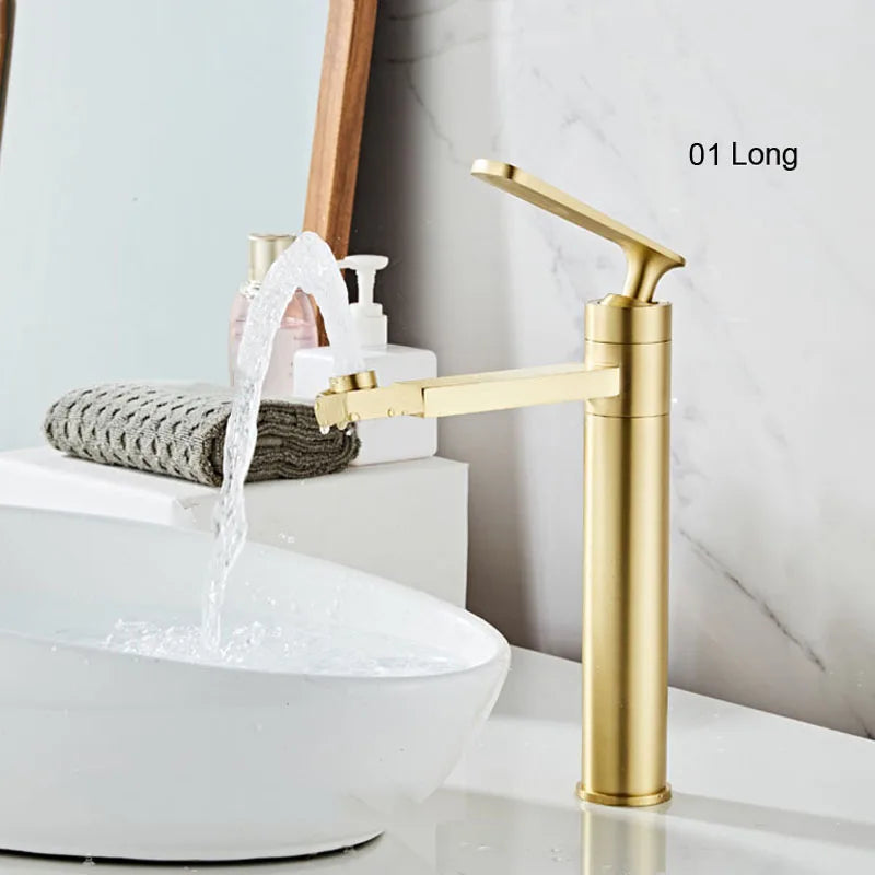 Grifo de Lavabo de Latón Dorado Decorbites™ para Baño de Montaje en Cubierta con Mango Único en Oro Cepillado