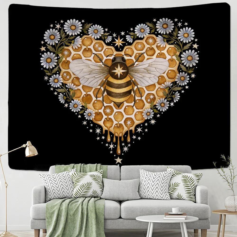 Decobites Psychedelic Bee Tapestry Wall Daisy Flower Home Decor for Bohemian Hippie Vibes