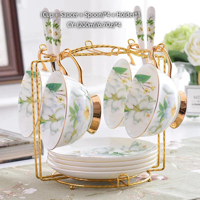 DecorBites™ Camellia Bone China Tea & Coffee Set - Porcelain Teatime Pot, Cups, & Sugarpot