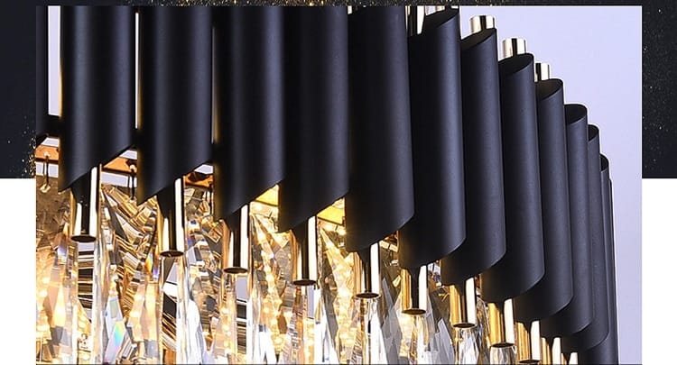 black matte finished cylindrical chandelier arms with gold toned accents and hanging crystal prisms in a luxury k9 crystal tiered chandelier ideal for dining room lighting by nebra luxury crystal chandeliers