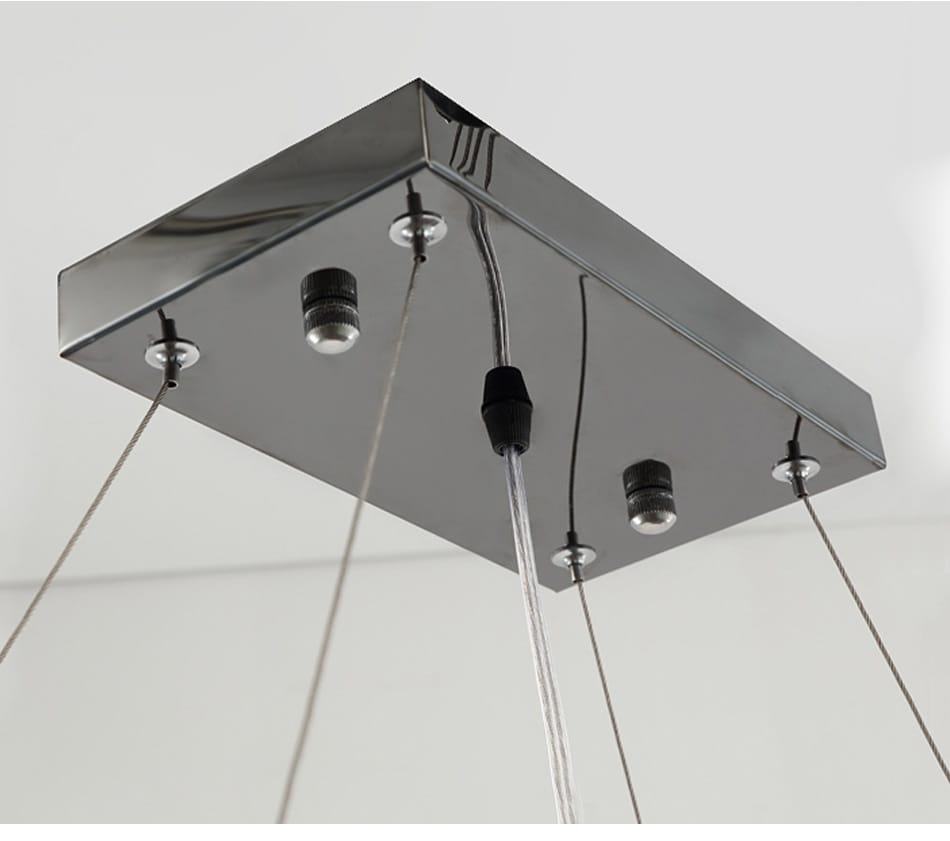 Modern black rectangle crystal chandelier ceiling light fixture with sleek chrome finish and multiple hanging cords for dining room use.