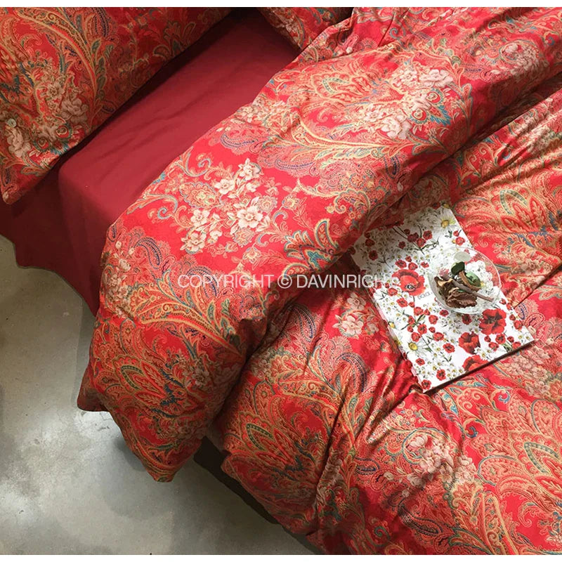 DecorBites™ Chinese Red Satin Cotton Wedding Duvet Set - Luxury Handmade Retro Bedding