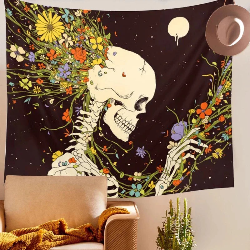 Decobites Skull Moon Mandala Tapestry Floral Wall Hanging Blanket