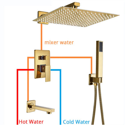 مجموعة دش الحمام الذهبية DecorBites™ مع رأس دش مطري مربع وحنفيات خلاط مخفية