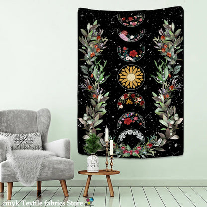 Moon Phase Flower Tarot Tapestry Wall Hanging by Decobites - Psychedelic Hippie Home Decor