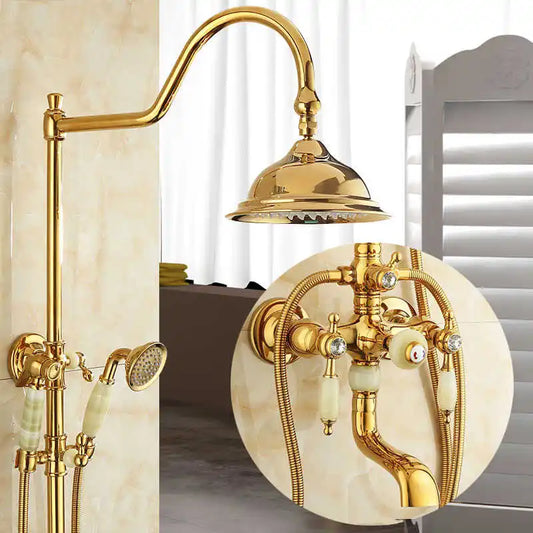 DecorBites™ Gold Brass Jade Bath Shower Set Wall Mounted Rainfall Hand Shower Faucet