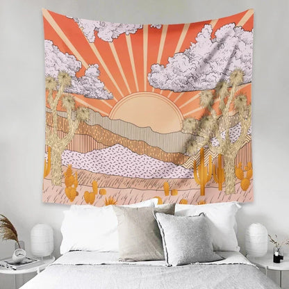 Decobites Mountain Sun Tapestry Sunrise Tree Cactus Wall Hanging Psychedelic Landscape Decor