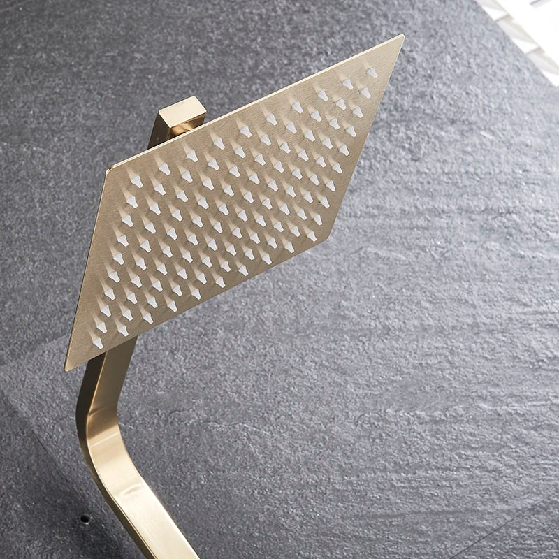 Mezclador de ducha DecorBites™ en oro cepillado con caño giratorio para bañera y rociador tipo lluvia de 8".