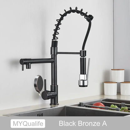 Grifo de cocina DecorBites™ de latón negro con doble caño, rotación de 360°, montaje sobre encimera