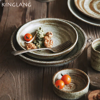 DecorBites™ Japanese Style Handmade Stoneware Dinnerware Set - Round Plates and Bowls