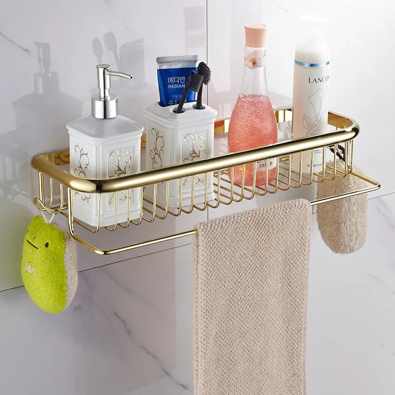 DecorBites™ Gold Brass Bathroom Shelf with Towel Hanger, Shampoo Holder, and Basket