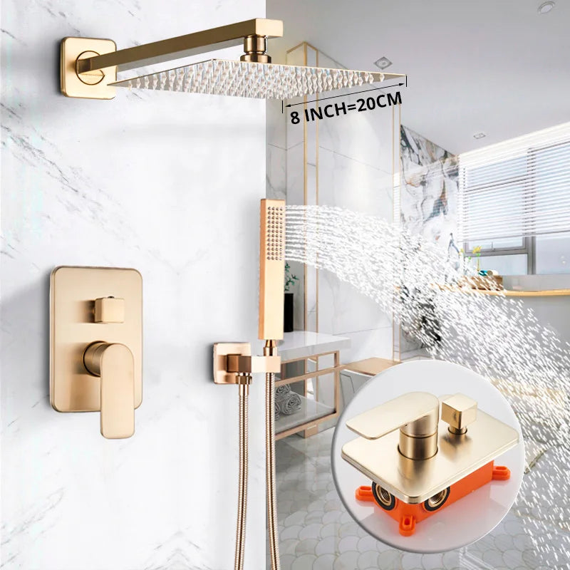 Juego de grifería para ducha tipo lluvia DecorBites™ Golden de 8" con teleducha - Grifo mezclador de lujo para montaje en pared